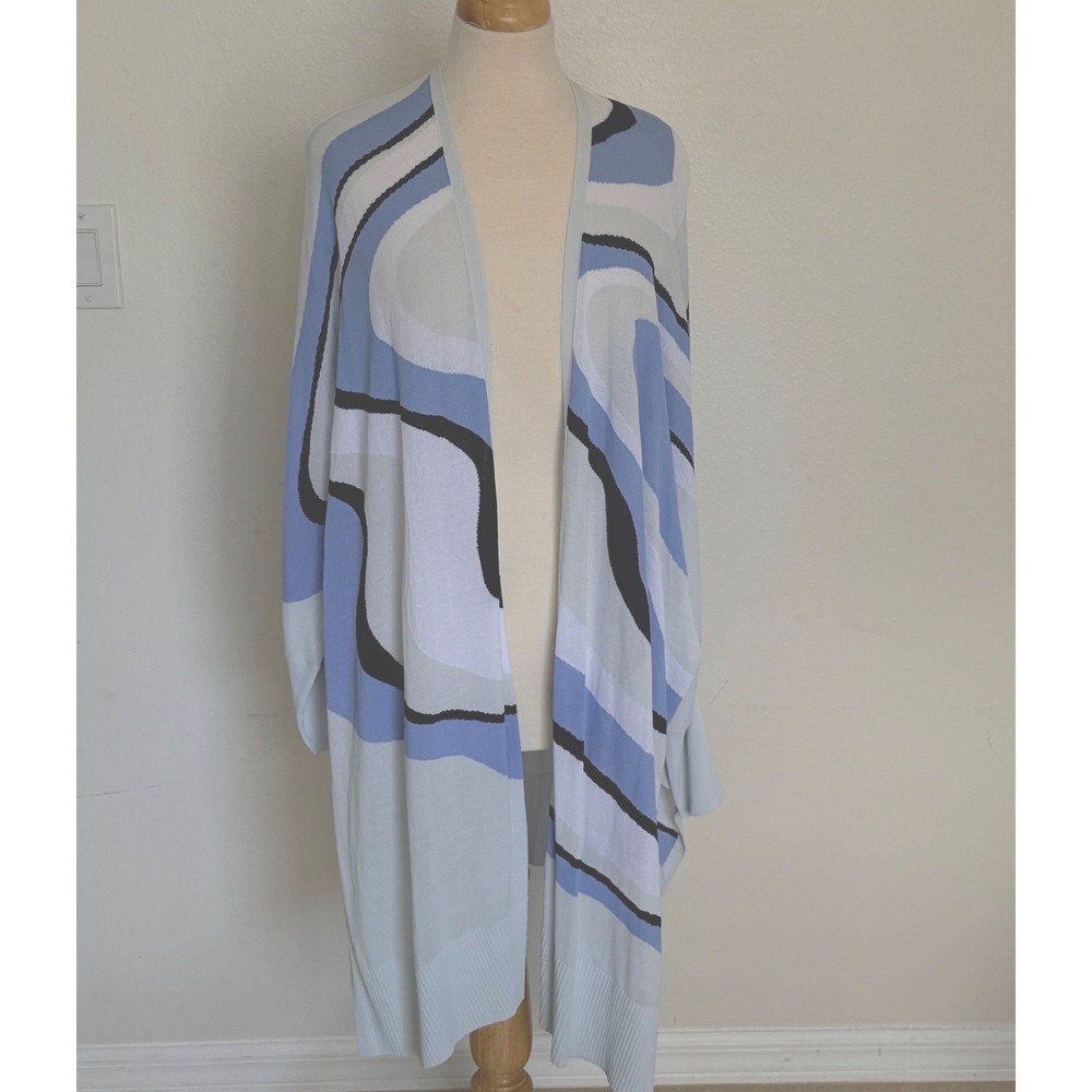 Chico's Abstract Swirl Open Front Cardigan Size 2 Lg Blue Kimono Wrap